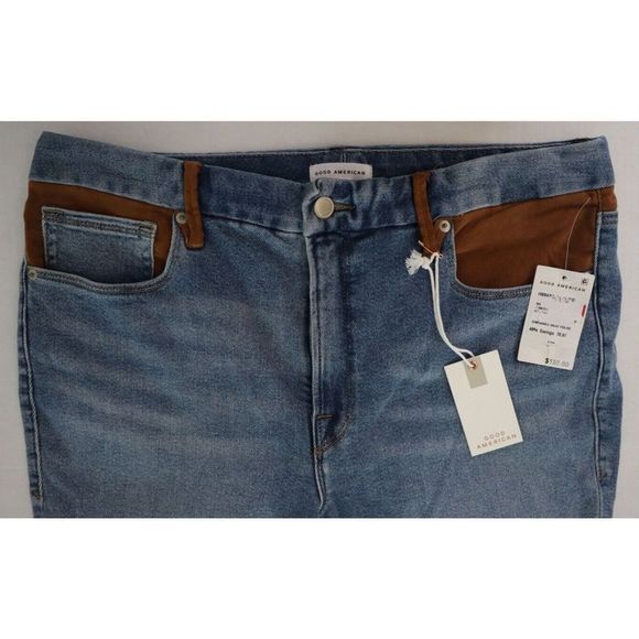 Good American Women's Sz 15 Indigo Good Legs Tan Suede Mixing Skinny Jeans $155 - Picture 7 of 9